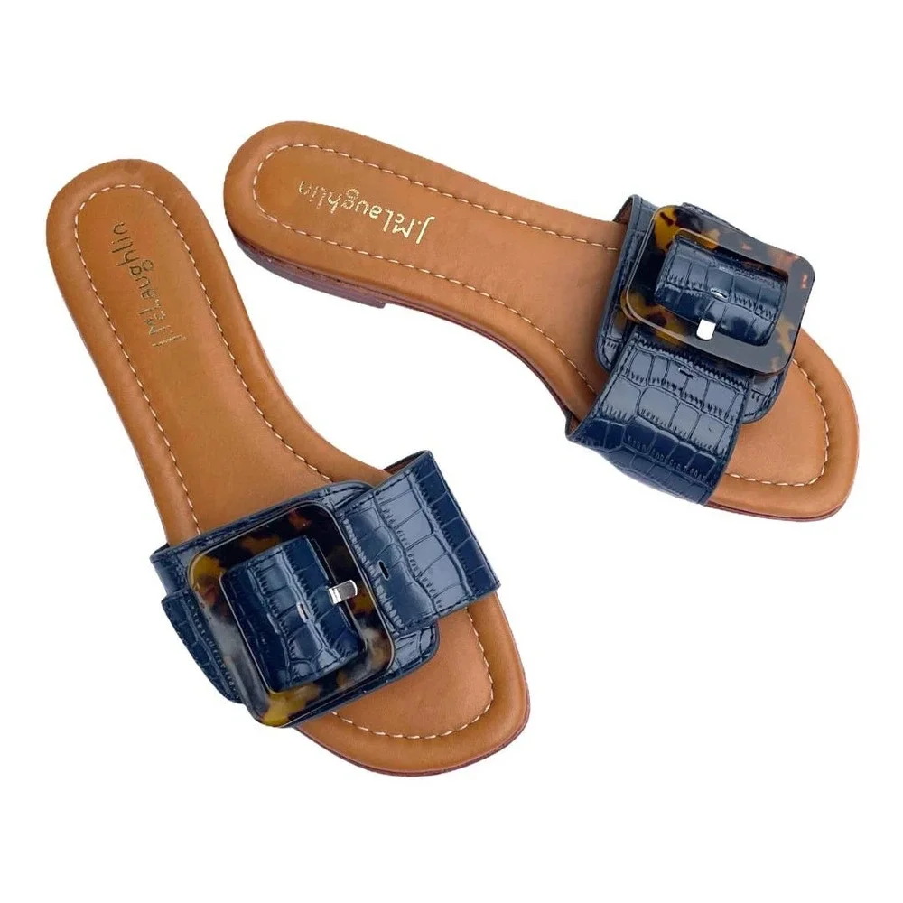 J. McLaughlin Navy Croc-Embossed Slide Sandals with Tortoiseshell Buckle